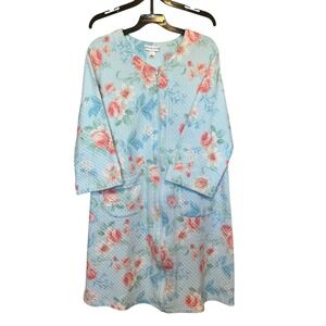 Miss Elaine Quilted Housecoat Small Zip Robe Floral Blue Pink Grannycore Cottage